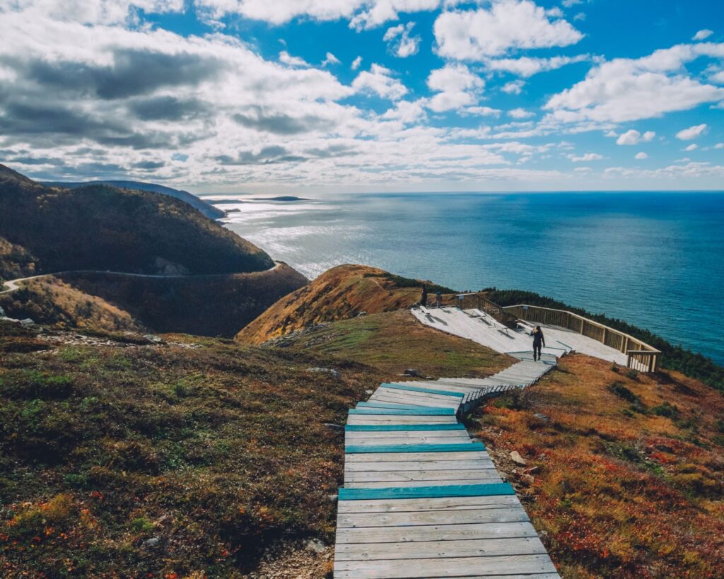 Photo of wooden path leading down the Skytrail in Cape Breton, Nova Scotia.