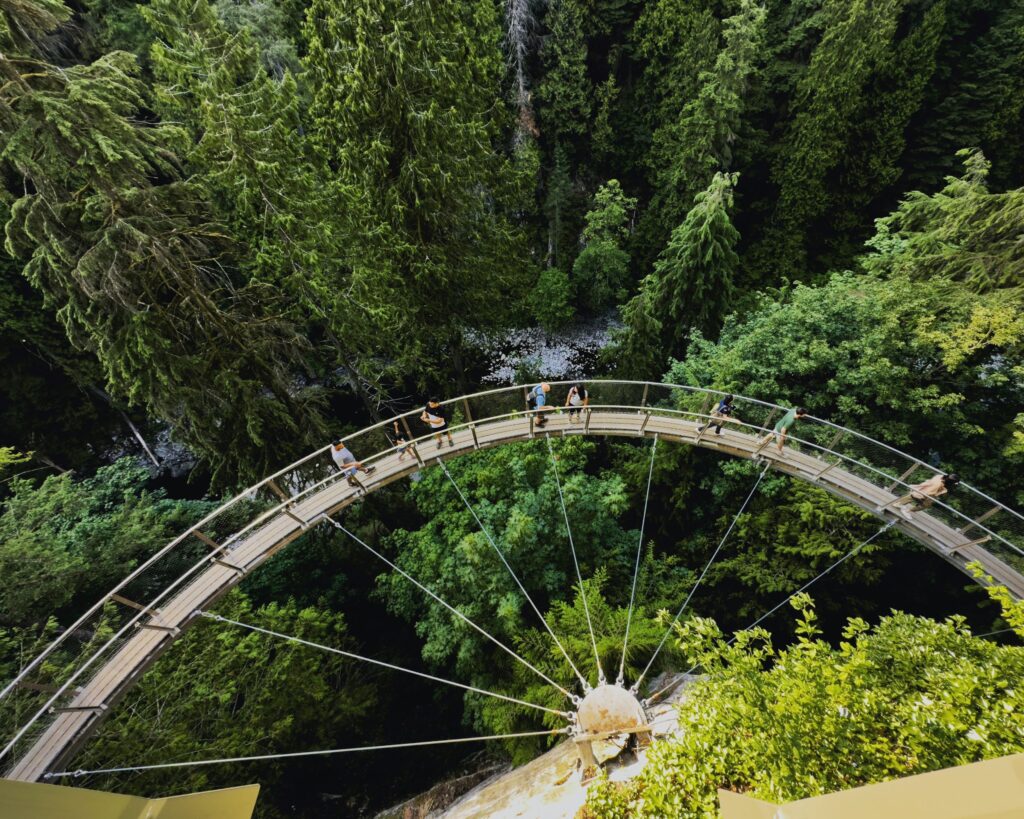 People visiting Capilano Suspension bridge over top of forests in North Vancouver.