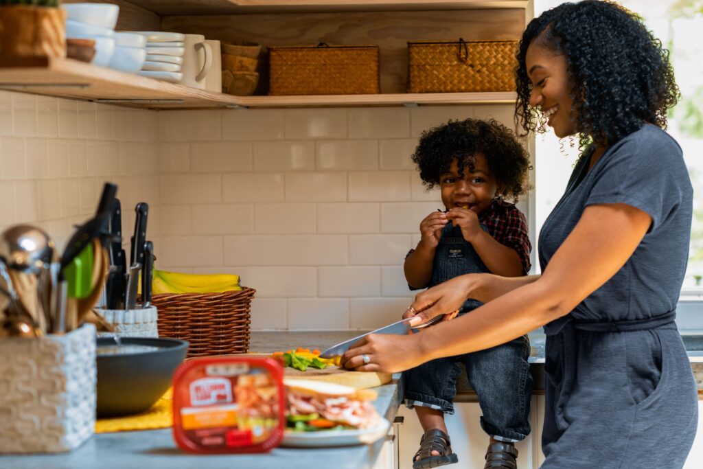 Family cooking in their home.