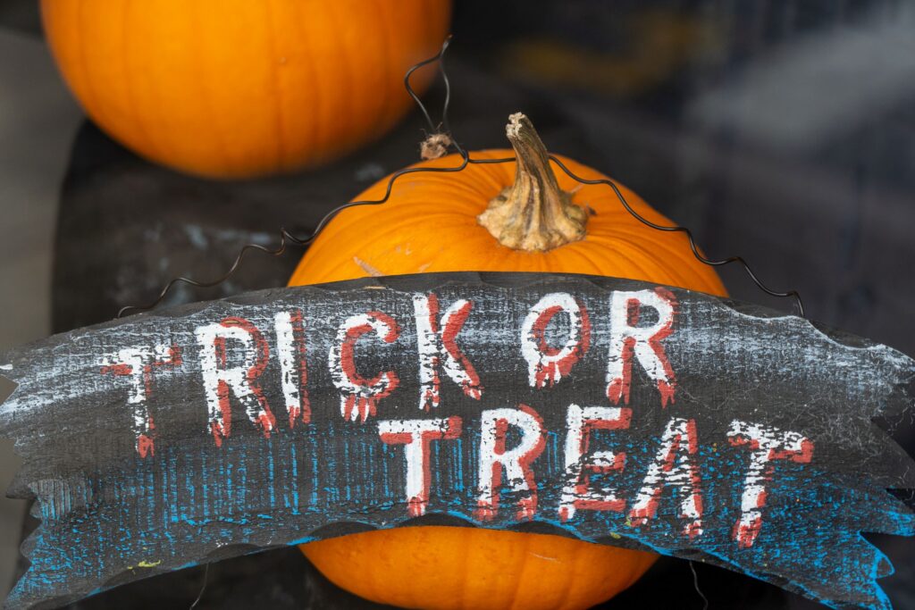 Halloween decorations that say trick or treat.