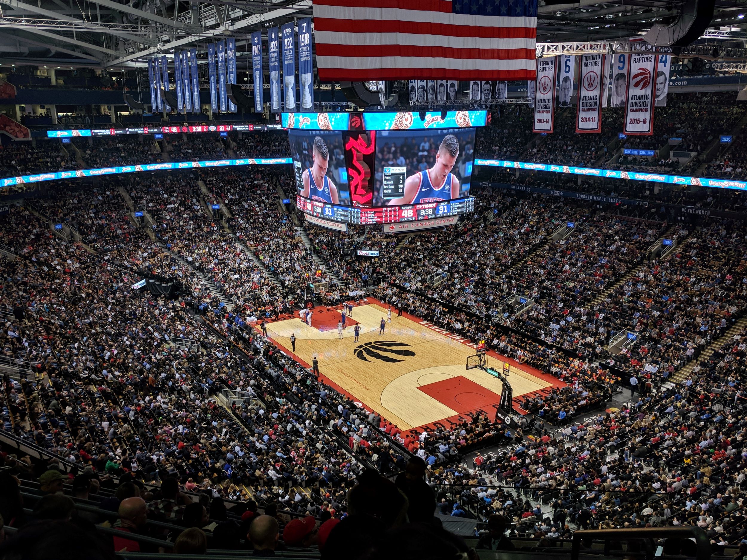 Photo of the court for an NBA game at Toronto Raptors home court, the ScotiaBank Arena.