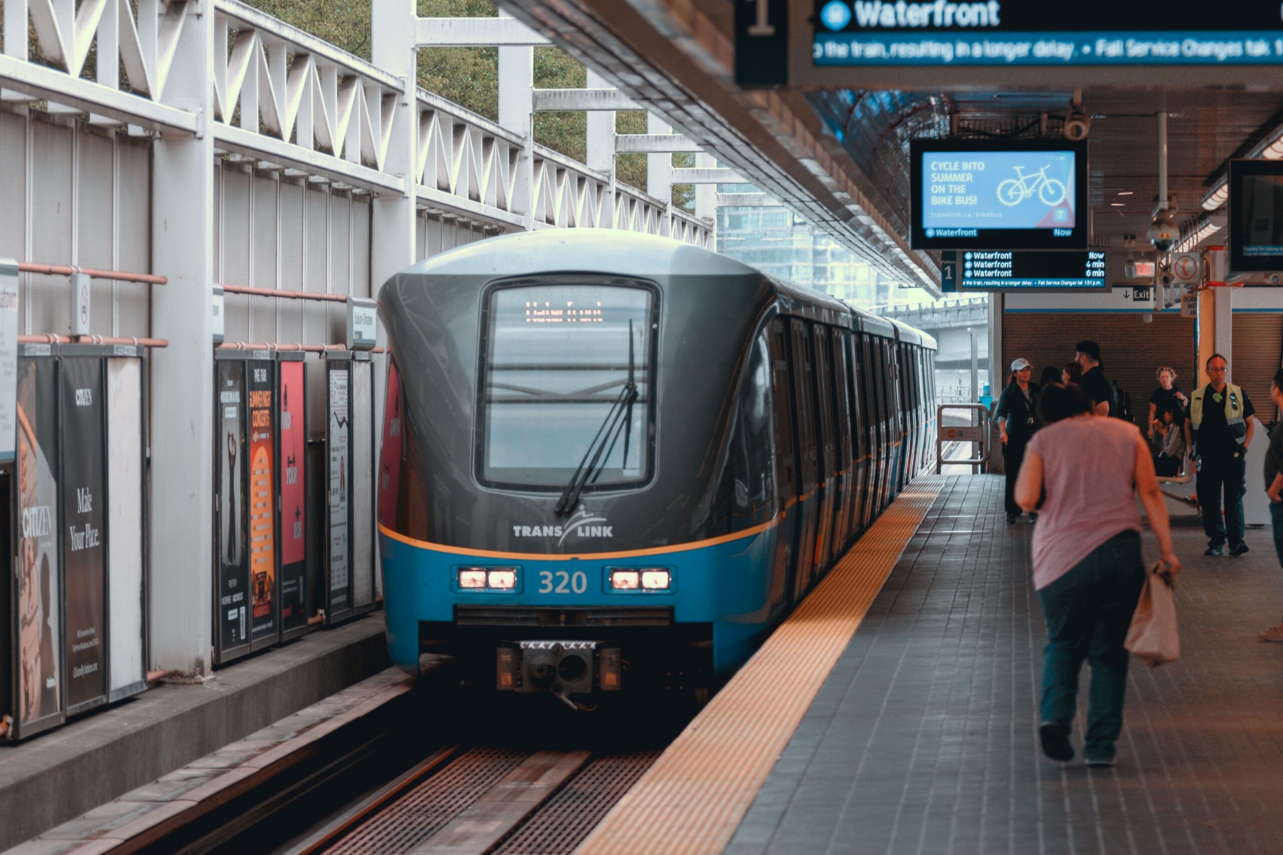 A SkyTrain pulling into Waterfront Station in downtown Vancouver.
