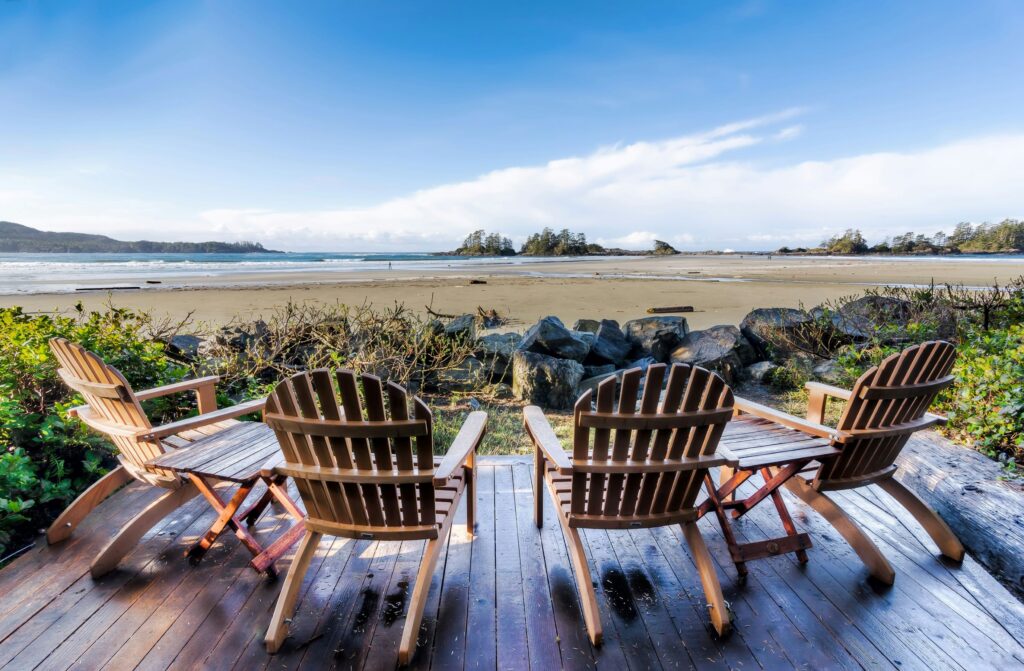 A group of chairs looking out at the ocean from Tofino, BC