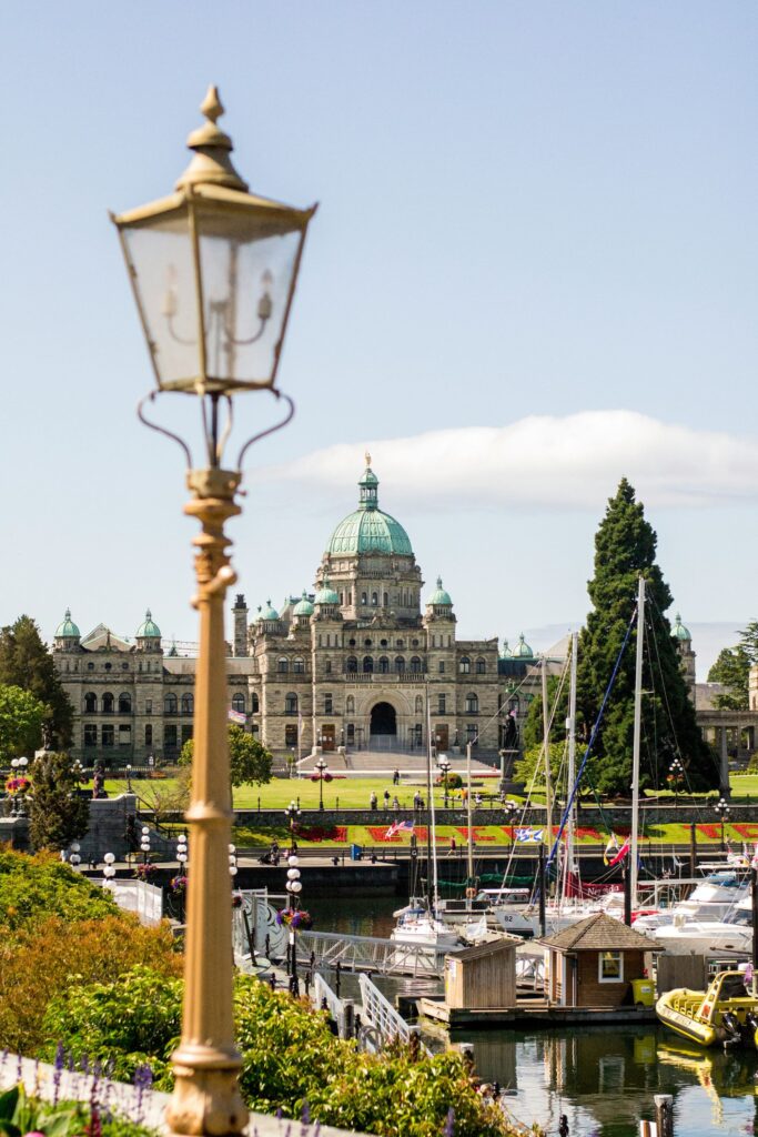 Parliament in Victoria, BC with the harbour