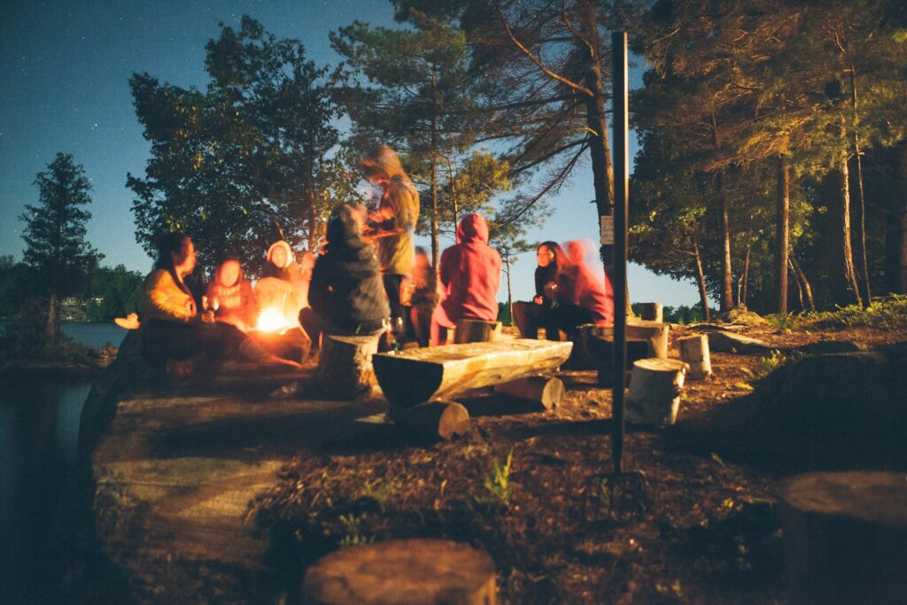 group of people near bonfire near trees during nighttime.