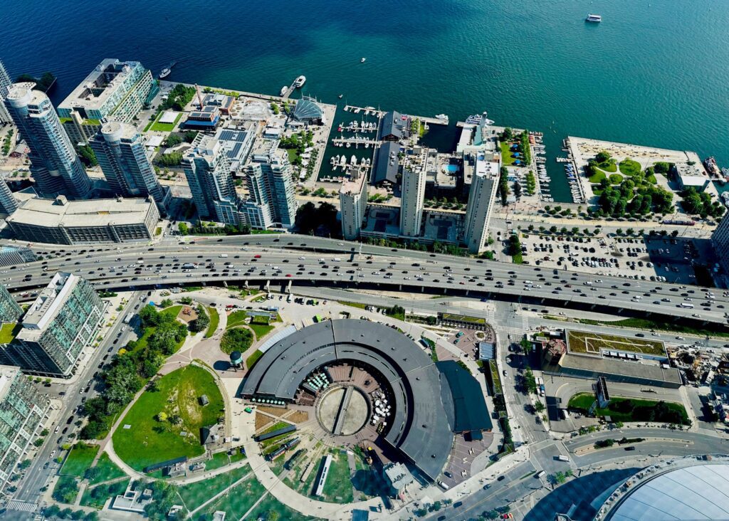 An aerial image of Roundhouse Park and the Toronto Railway Museum in downtown Toronto.