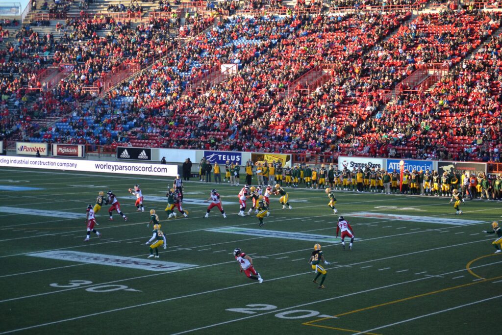 The Calgary Stampeders playing against the Saskatchewan Roughriders in McMahon Stadium