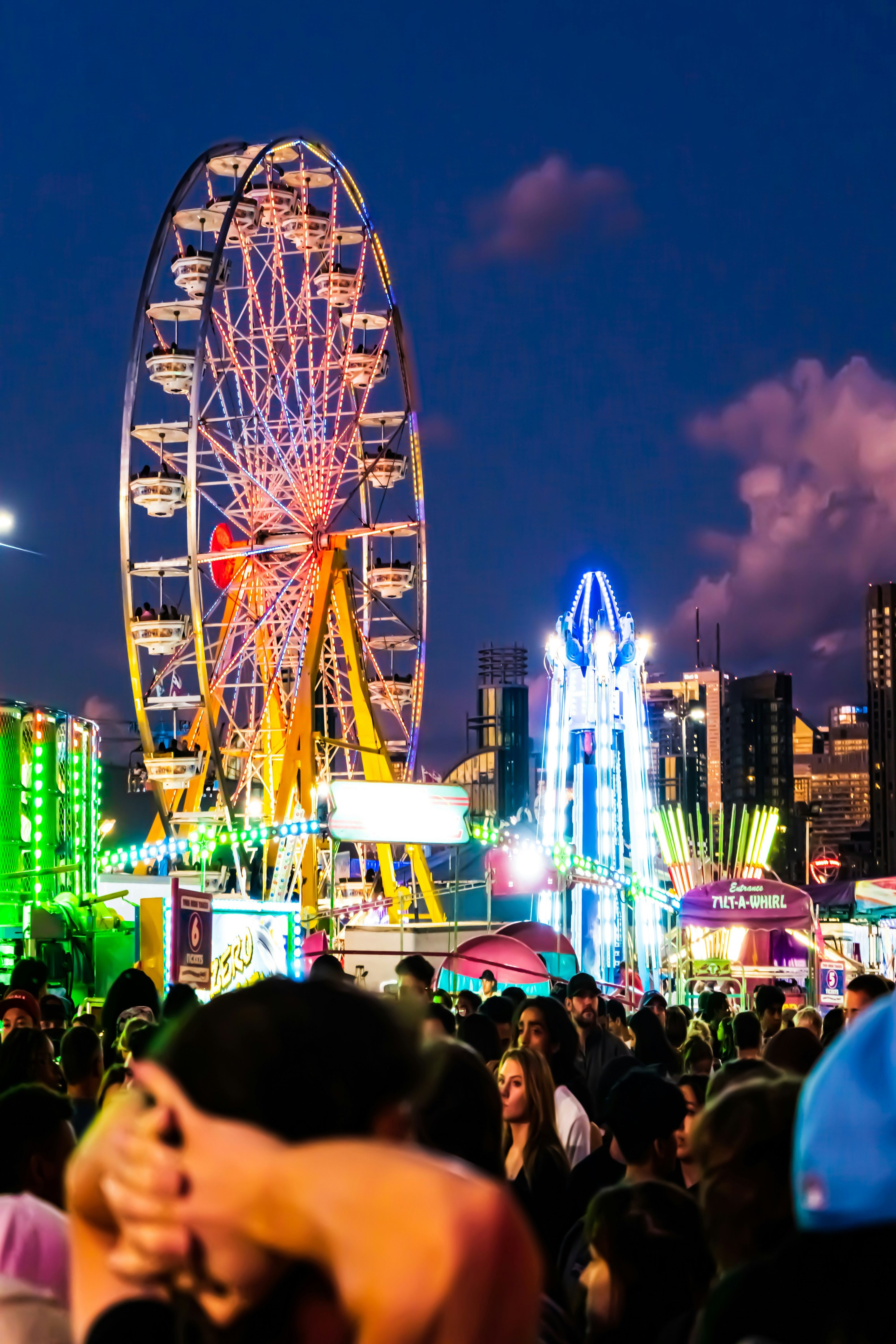 Photo of the CNE Midway rides at Night in downtown Toronto.