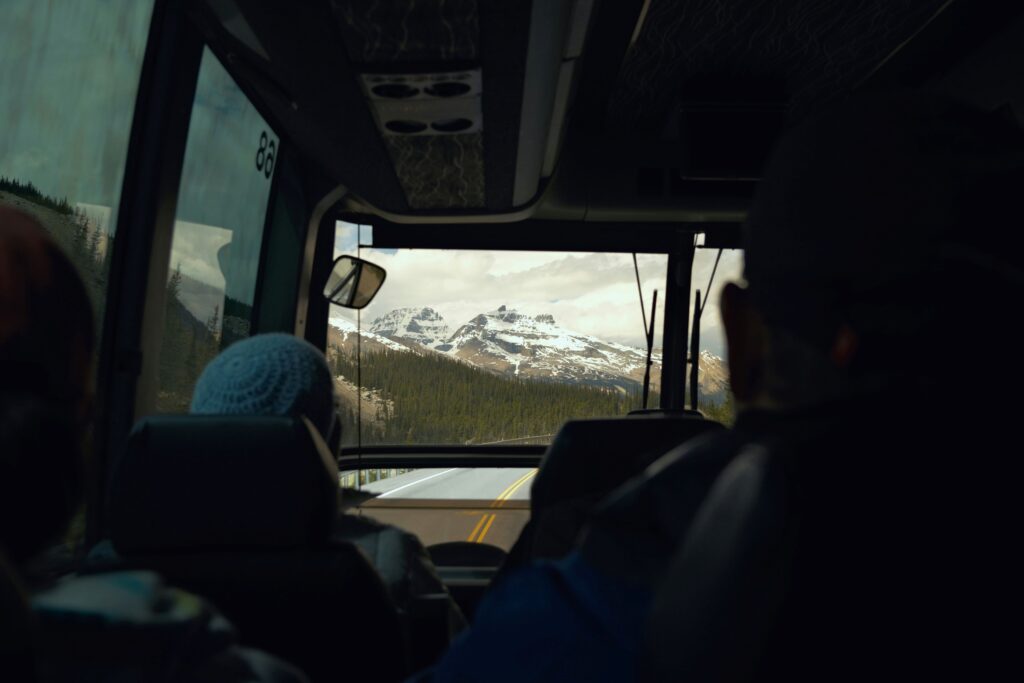 People on a bus travelling from Calgary to Edmonton