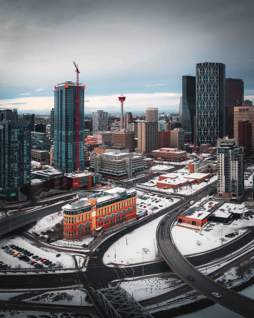 aerial view of Calgary city in winter 