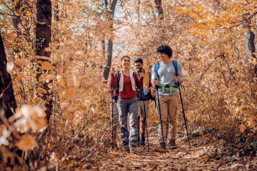 Friends hiking together during the fall.